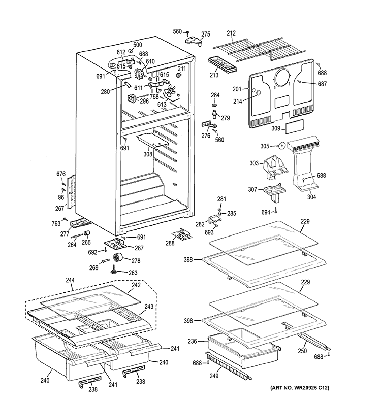 CABINET Diagram and Parts List for GTT18GBDCRWW  General Electric Refrigerator