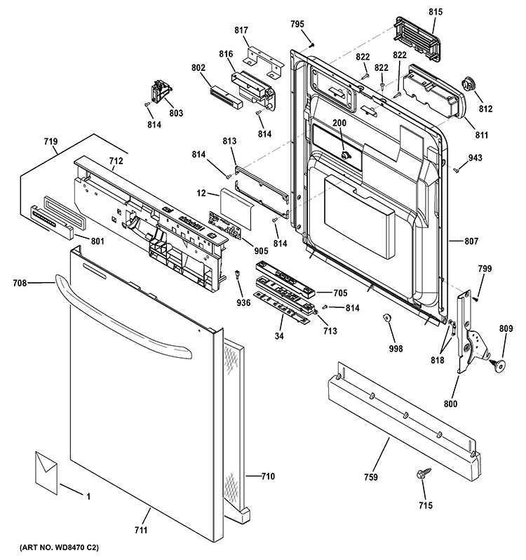 ESCUTCHEON & DOOR ASSEMBLY Diagram and Parts List for GDWT358V00ES  General Electric Dishwasher