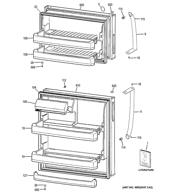 DOORS Diagram and Parts List for GTZ18GBEERSS  General Electric Refrigerator