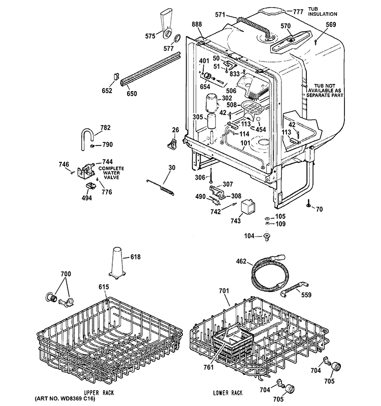 BODY PARTS Diagram and Parts List for GSD4000D00WW  General Electric Dishwasher