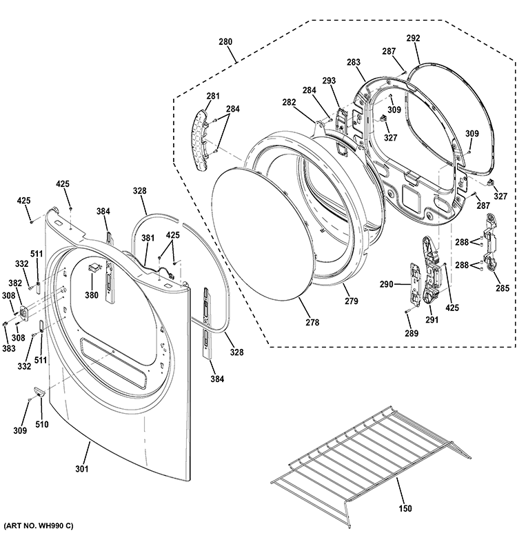 FRONT PANEL & DOOR Diagram and Parts List for GFDR485GF0RR  General Electric Dryer