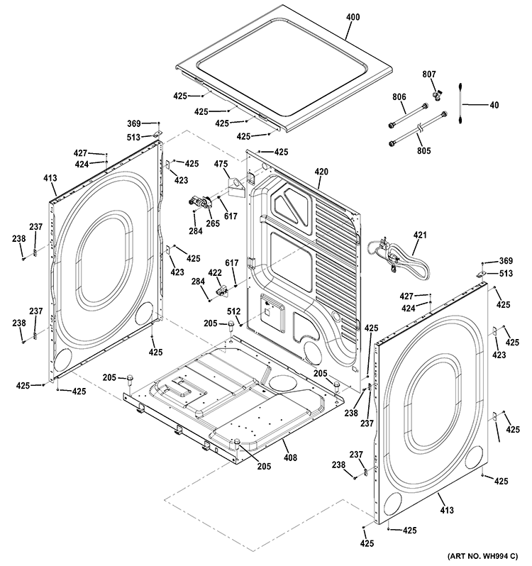 CABINET & TOP PANEL Diagram and Parts List for GFDR485GF0RR  General Electric Dryer