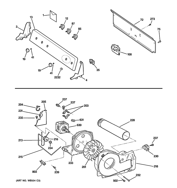 BACKSPLASH, BLOWER & DRIVE ASSEMBLY Diagram and Parts List for GTDP450ED2WS  General Electric Dryer