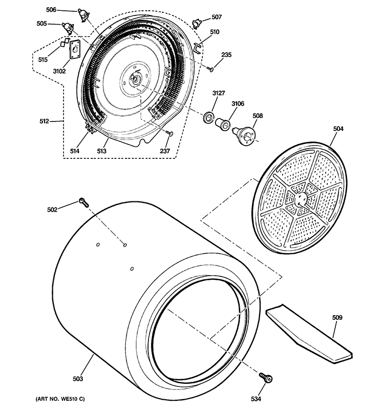 DRUM Diagram and Parts List for GTDP490ED2WS  General Electric Dryer
