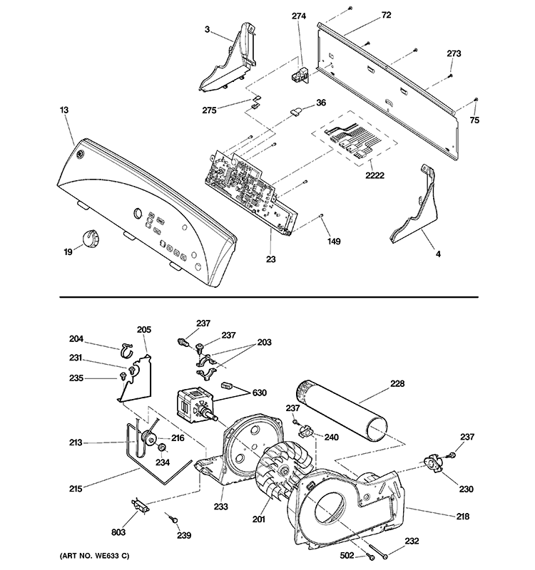 BACKSPLASH, BLOWER & DRIVE ASSEMBLY Diagram and Parts List for GTDS580ED2WW  General Electric Dryer