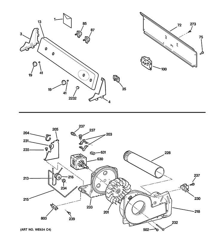 BACKSPLASH, BLOWER & DRIVE ASSEMBLY Diagram and Parts List for GTDX185ED2CC  General Electric Dryer