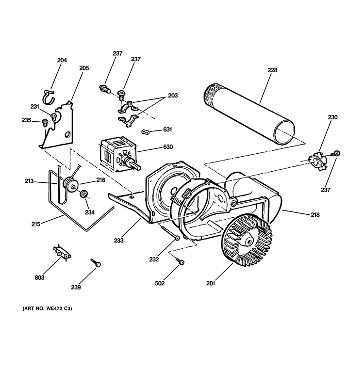 BLOWER & DRIVE ASSEMBLY Diagram and Parts List for DDC4400T5WH  General Electric Dryer