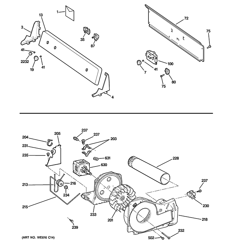 BACKSPLASH, BLOWER & DRIVE ASSEMBLY Diagram and Parts List for HTDX100EM4WW  Hotpoint Dryer