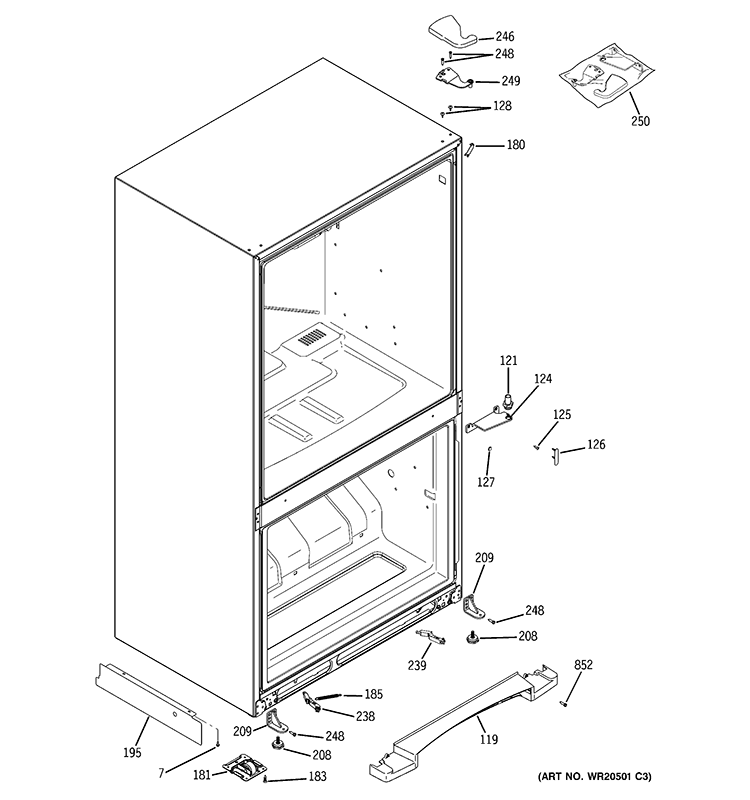 CASE PARTS Diagram and Parts List for GDSS0KCXFRSS  General Electric Refrigerator