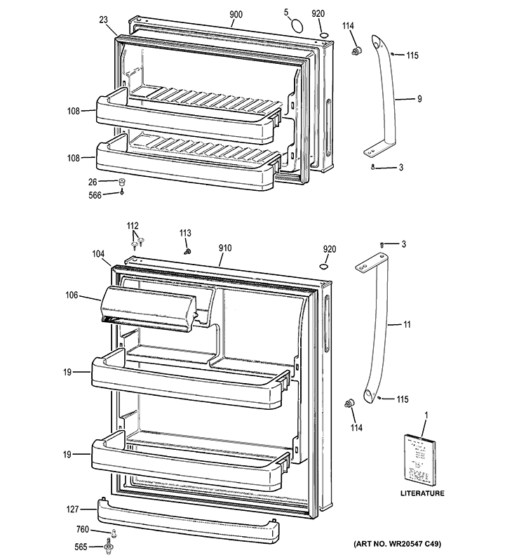 DOORS Diagram and Parts List for GTZ18GBEDRSS  General Electric Refrigerator