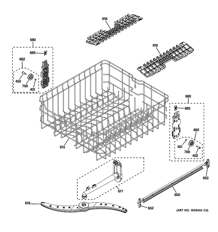 UPPER RACK ASSEMBLY Diagram and Parts List for GDF540HGD1WW  General Electric Dishwasher