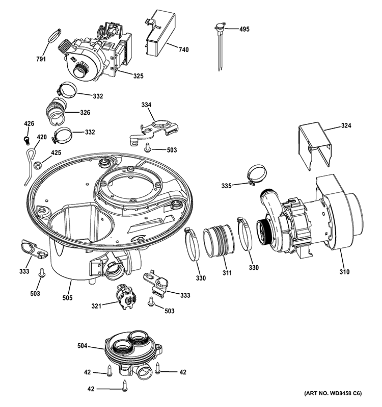 SUMP & MOTOR MECHANISM Diagram and Parts List for GDT550HSD1SS  General Electric Dishwasher