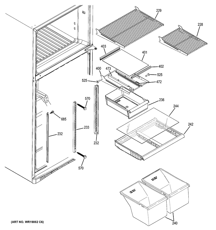 FRESH FOOD SHELVES Diagram and Parts List for GTH18DBDKRWW  General Electric Refrigerator
