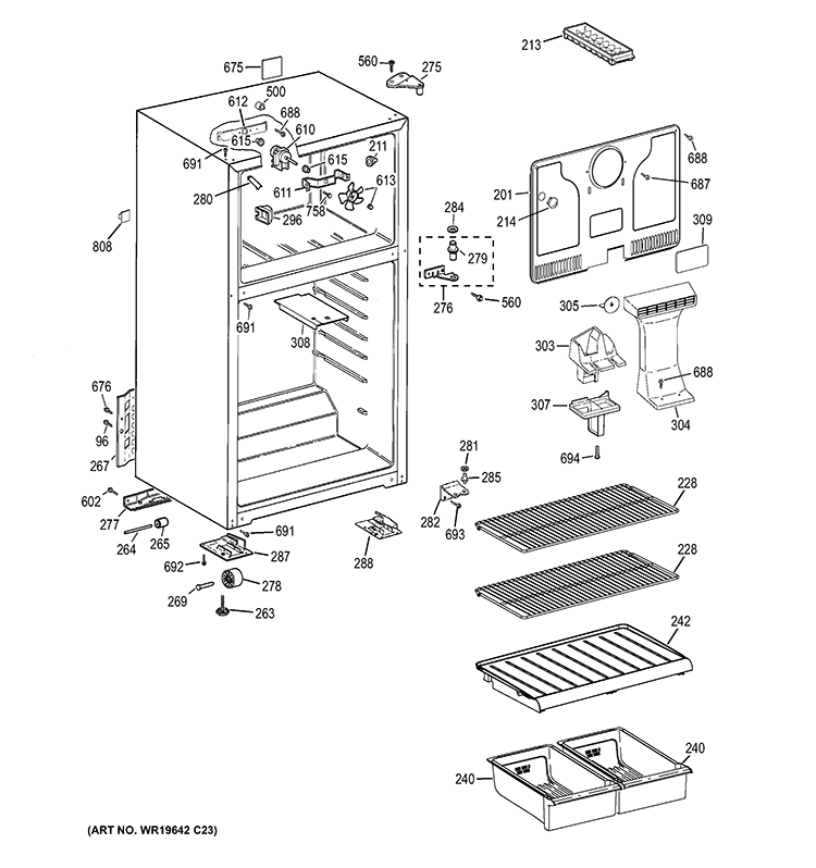 CABINET Diagram and Parts List for HTN16BBEDRWW  General Electric Refrigerator