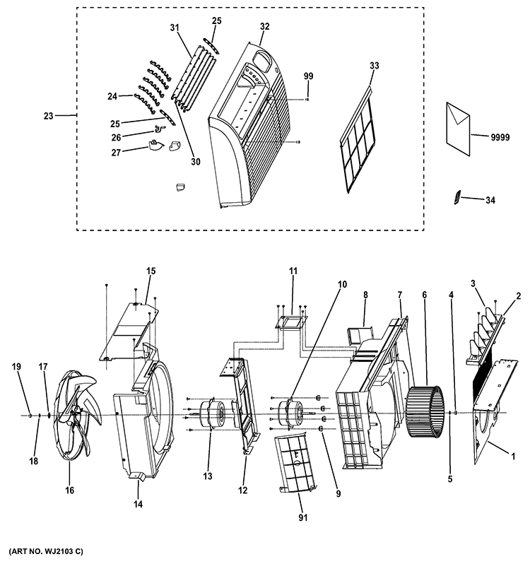 GRILLE & CHASSIS PARTS Diagram and Parts List for AJCQ10DCFL1  General Electric Air Conditioner