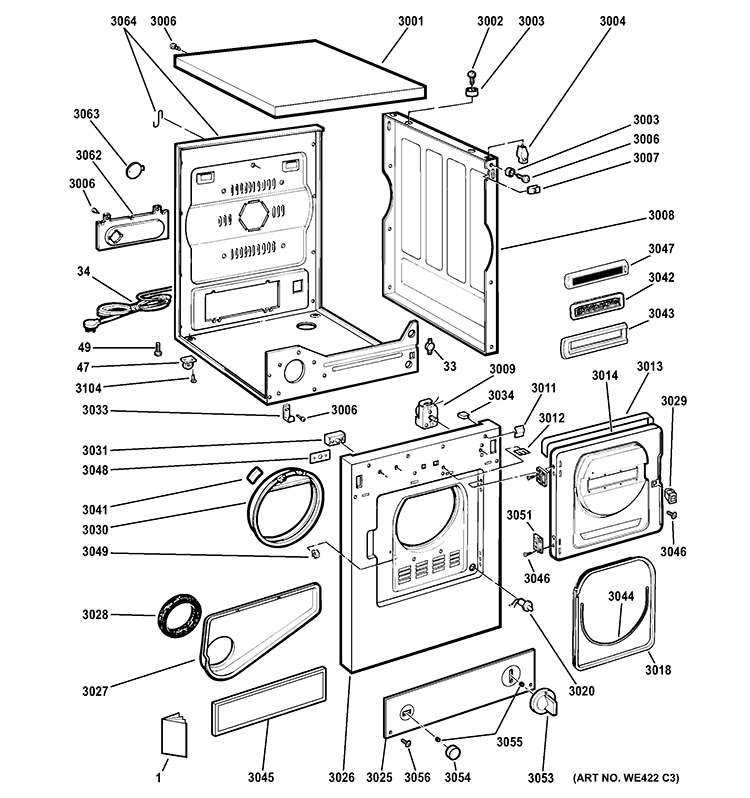 BACKSPLASH, CABINET & FRONT PANEL Diagram and Parts List for DSKP333EC2WW  General Electric Dryer