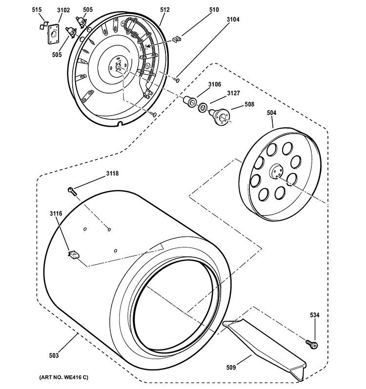 DRUM Diagram and Parts List for DSKP333EC2WW  General Electric Dryer