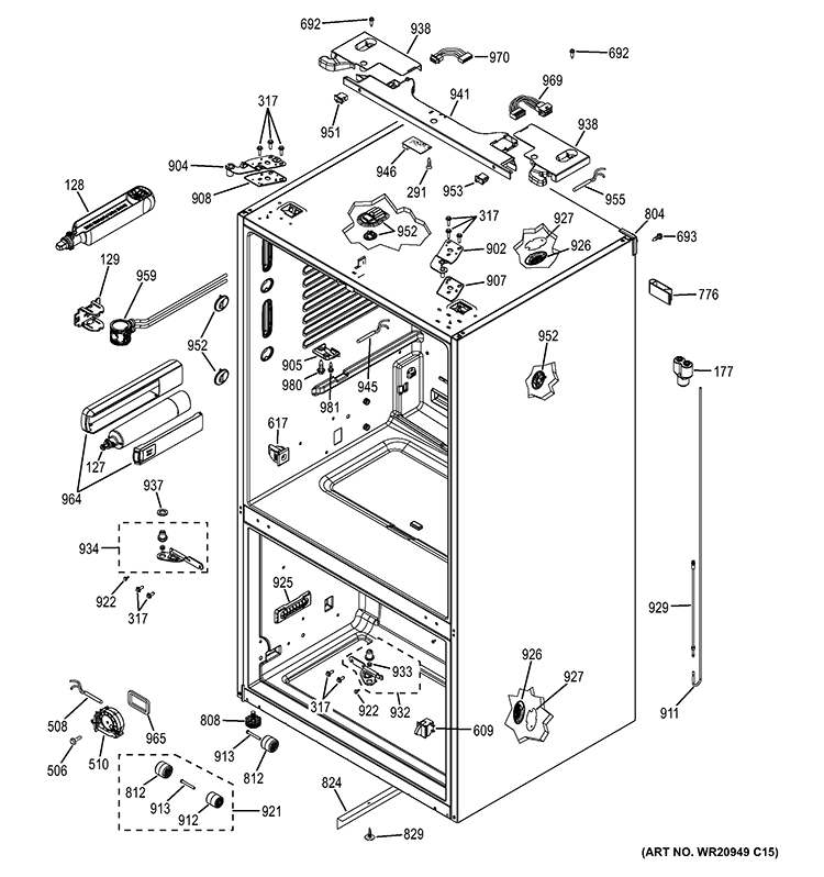 CASE PARTS Diagram and Parts List for GFE27GGDBWW  General Electric Refrigerator