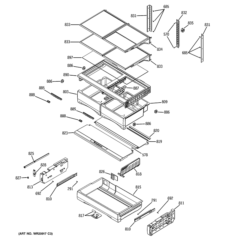 FRESH FOOD SHELVES Diagram and Parts List for DFE29JGDDBB  General Electric Refrigerator