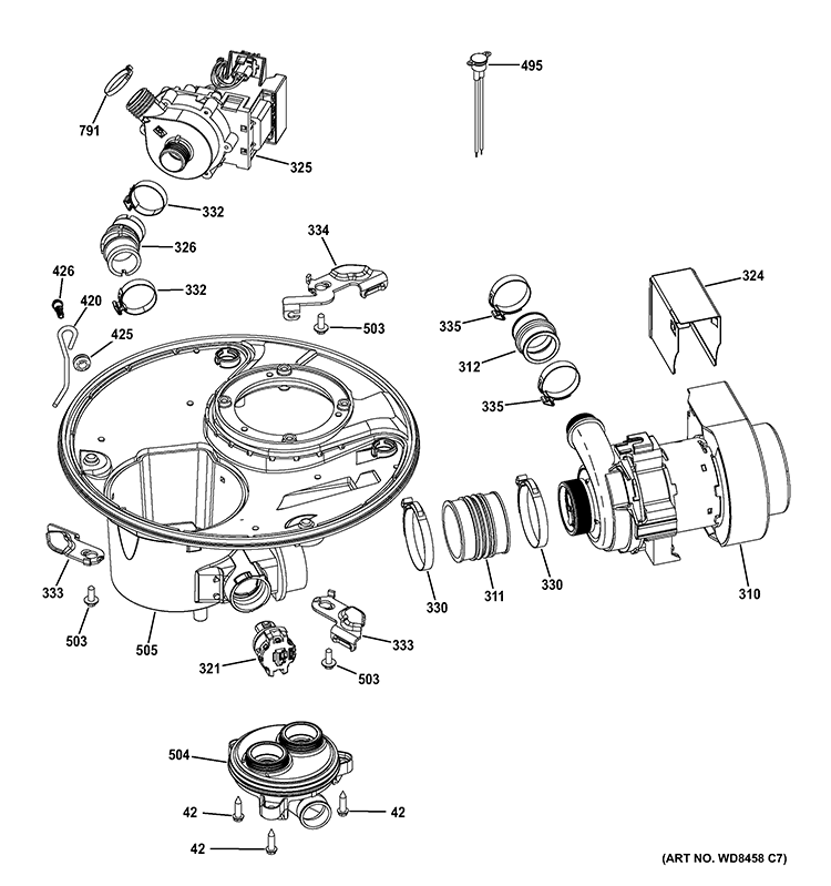 SUMP & MOTOR MECHANISM Diagram and Parts List for GDF520PGD2CC  General Electric Dishwasher