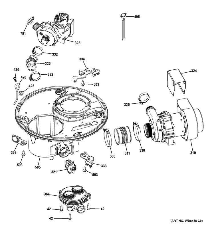SUMP & MOTOR MECHANISM Diagram and Parts List for GDT530PSD2SS  General Electric Dishwasher