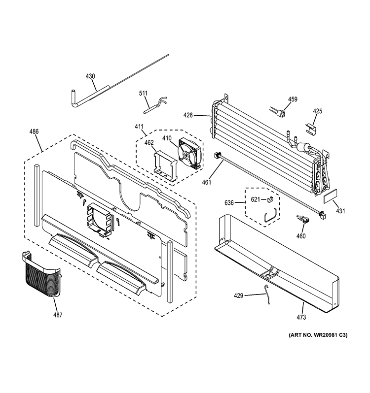 FREEZER SECTION Diagram and Parts List for GNE26GMDCES  General Electric Refrigerator