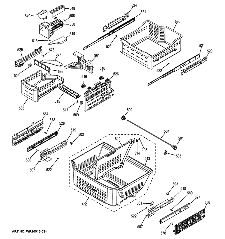 FREEZER SHELVES Diagram and Parts List for GNE26GMDCES  General Electric Refrigerator