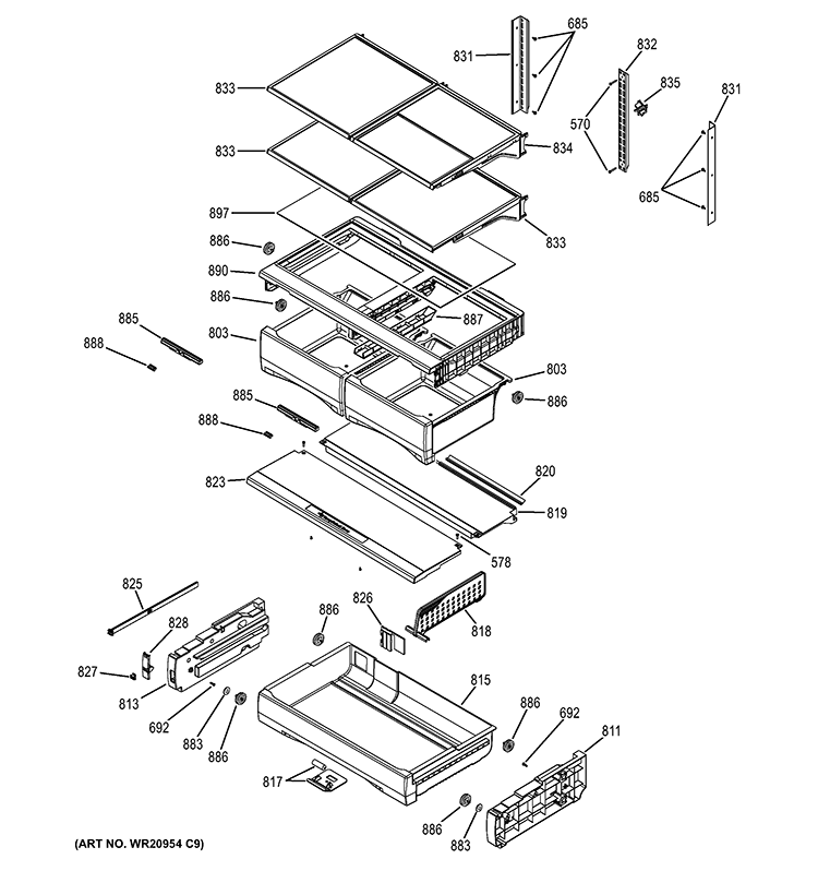 FRESH FOOD SHELVES Diagram and Parts List for GNE26GMDCES  General Electric Refrigerator