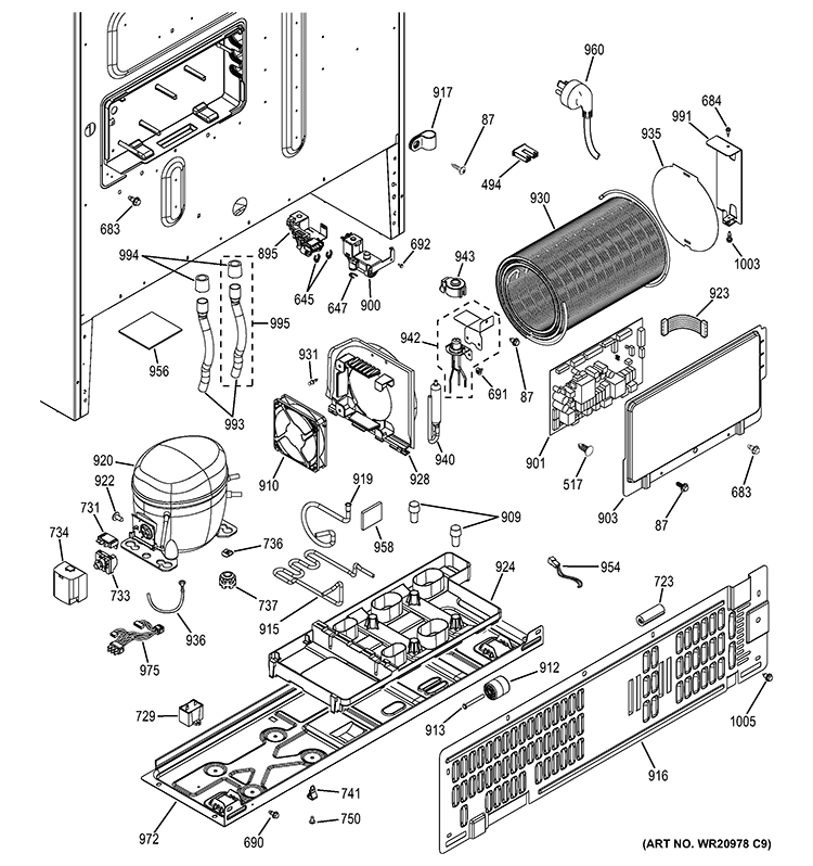 MACHINE COMPARTMENT Diagram and Parts List for GNE26GMDCES  General Electric Refrigerator