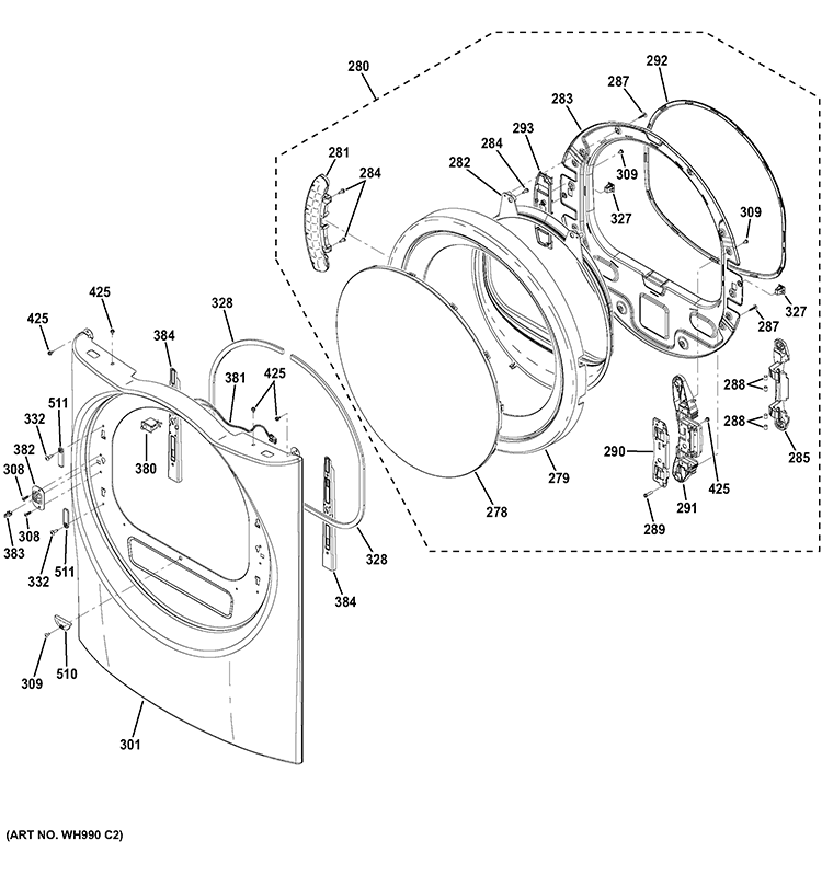 FRONT PANEL & DOOR Diagram and Parts List for GFDS260EF0WW  General Electric Dryer