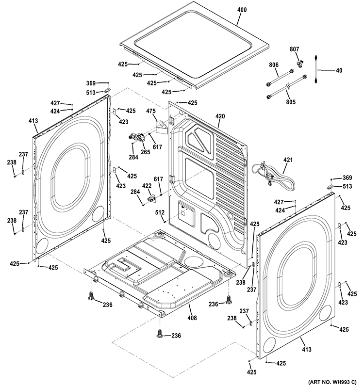CABINET & TOP PANEL Diagram and Parts List for GFDS265GF0MC  General Electric Dryer
