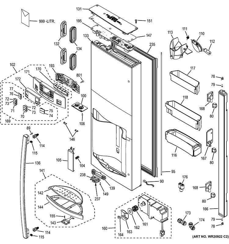DISPENSER DOOR Diagram and Parts List for GFE27GGDAWW  General Electric Refrigerator