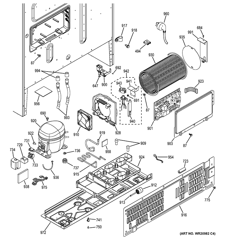 MACHINE COMPARTMENT Diagram and Parts List for GFE27GGDAWW  General Electric Refrigerator