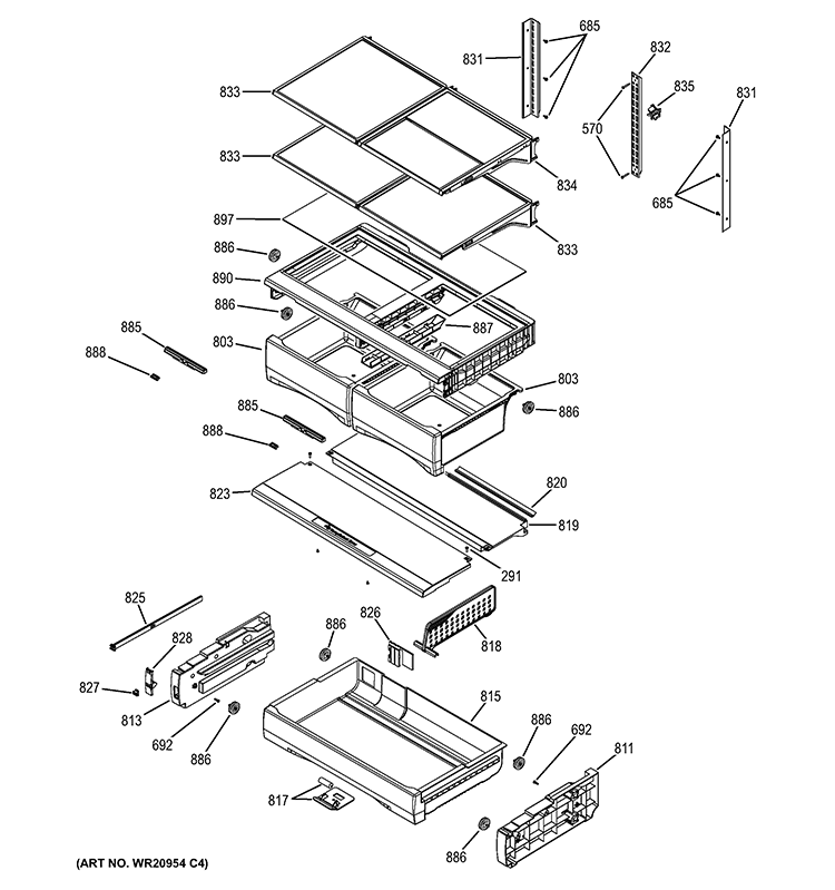 FRESH FOOD SHELVES Diagram and Parts List for GFE27GGDAWW  General Electric Refrigerator