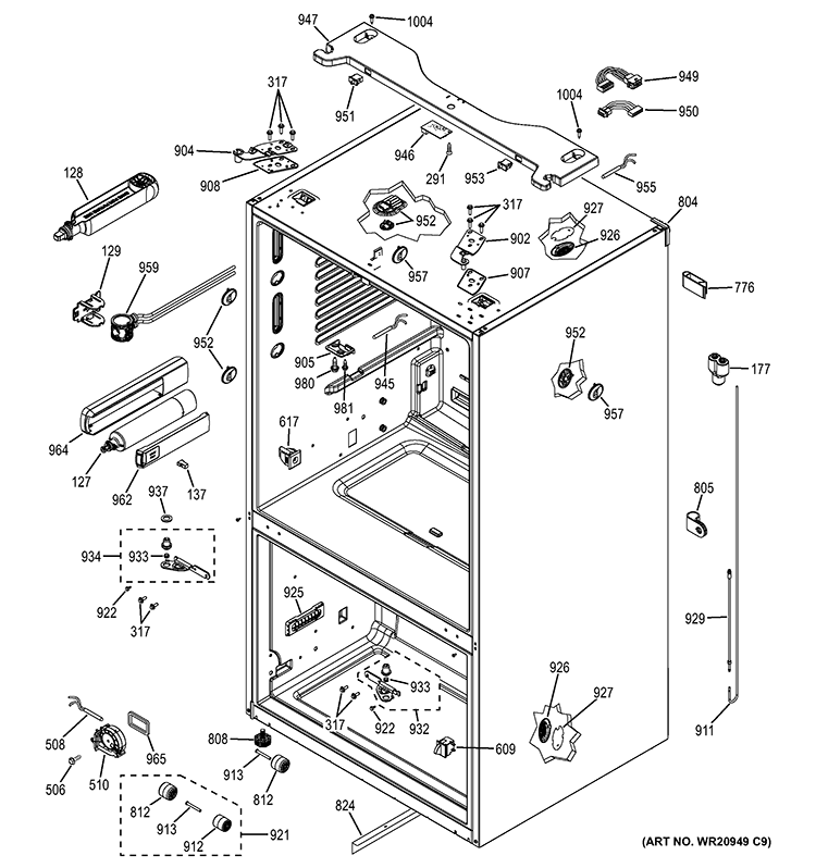CASE PARTS Diagram and Parts List for GFE27GGDAWW  General Electric Refrigerator