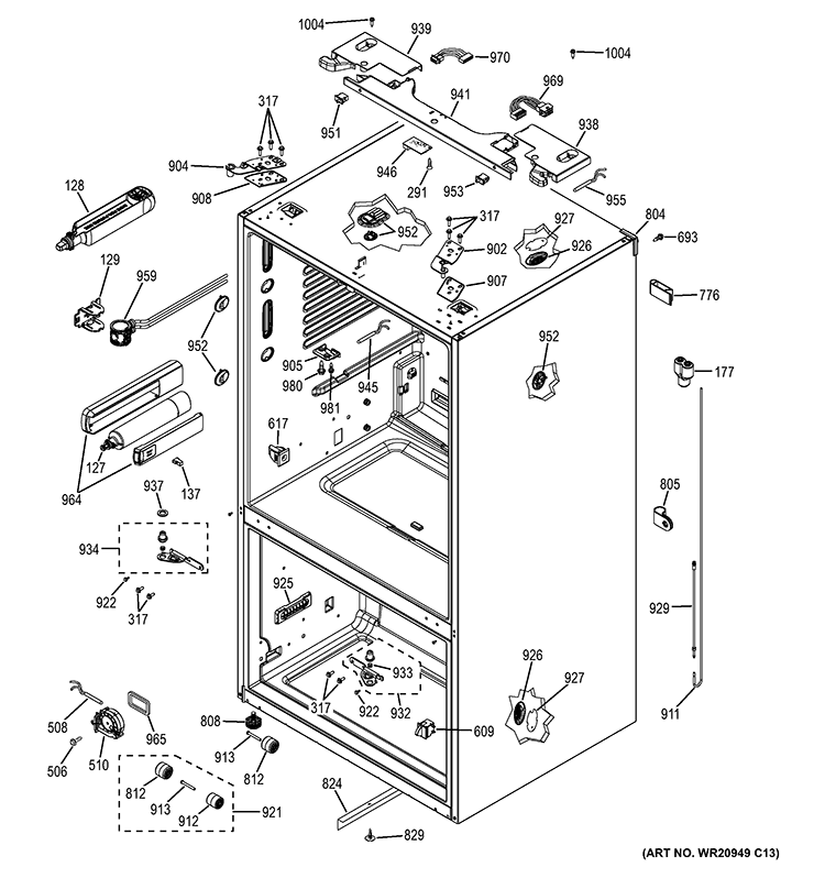 CASE PARTS Diagram and Parts List for GFE27GGDBBB  General Electric Refrigerator