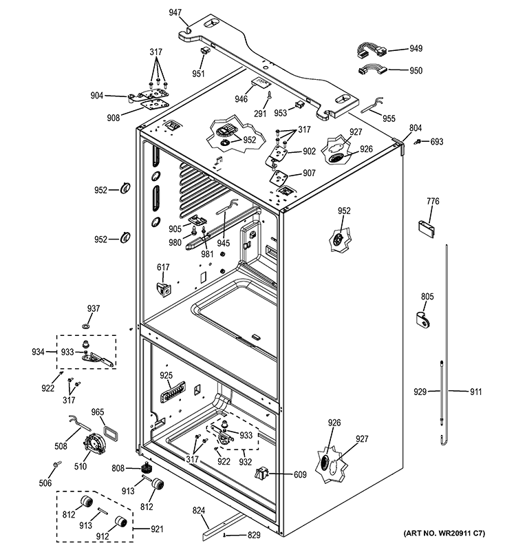 CASE PARTS Diagram and Parts List for PFE27KSDASS  General Electric Refrigerator