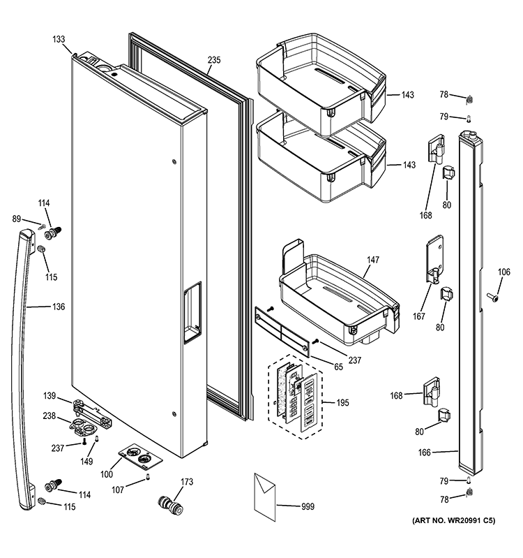 FRESH FOOD DOOR - LH Diagram and Parts List for PWE23KGDABB  General Electric Refrigerator