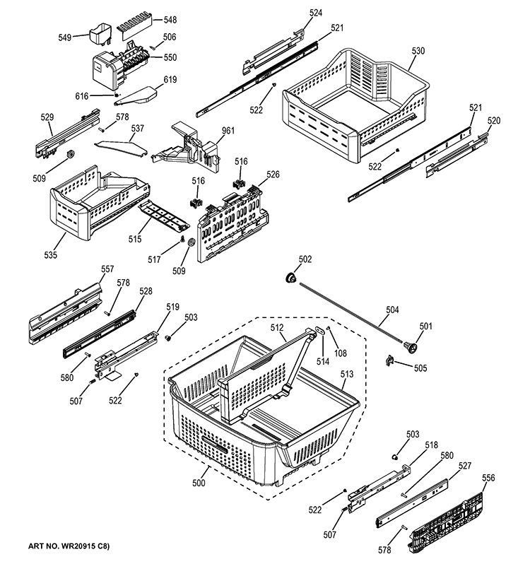 FREEZER SHELVES Diagram and Parts List for PWE23KGDABB  General Electric Refrigerator