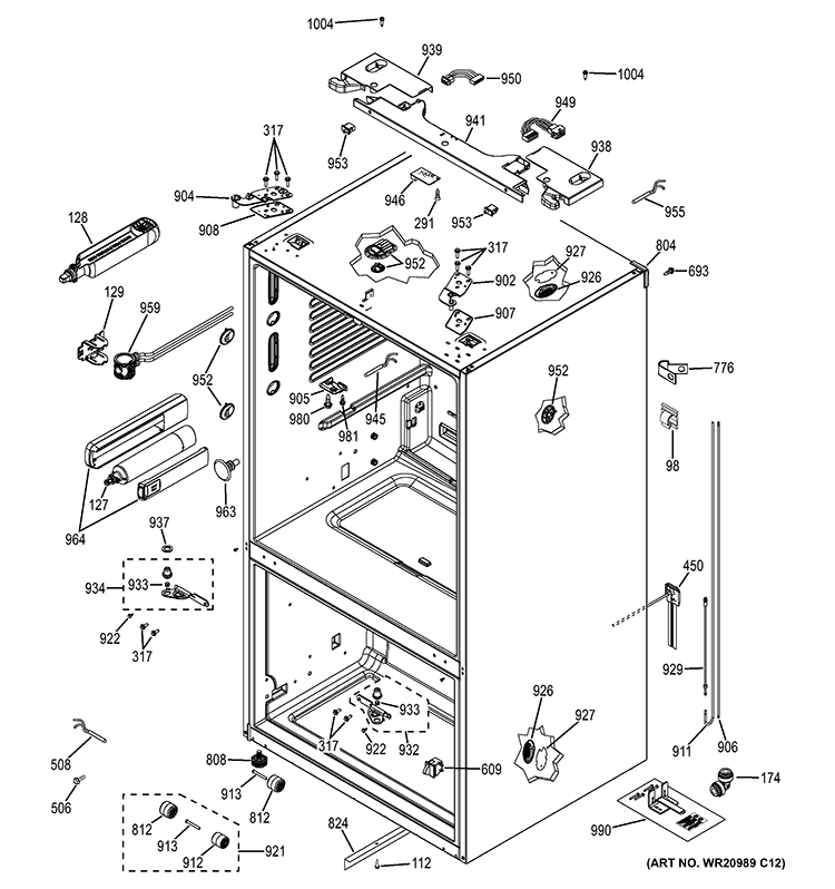 CASE PARTS Diagram and Parts List for PWE23KGDABB  General Electric Refrigerator