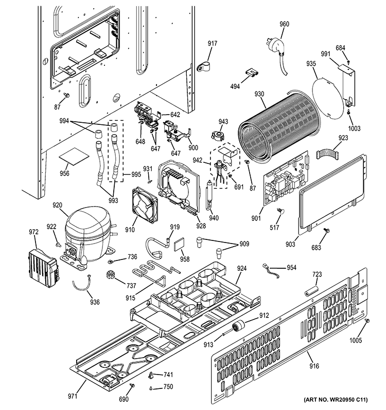 MACHINE COMPARTMENT Diagram and Parts List for PWE23KGDABB  General Electric Refrigerator