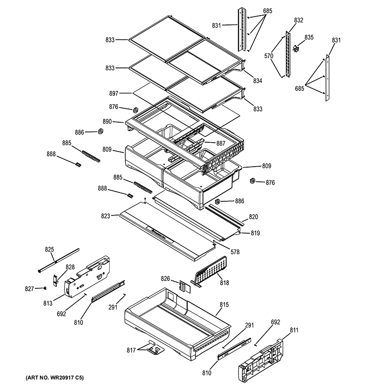 FRESH FOOD SHELVES Diagram and Parts List for PYE23KSDASS  General Electric Refrigerator