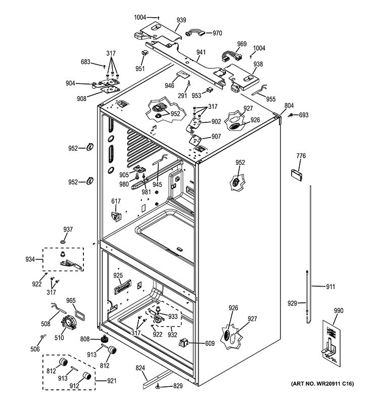 CASE PARTS Diagram and Parts List for PYE23PSDBSS  General Electric Refrigerator