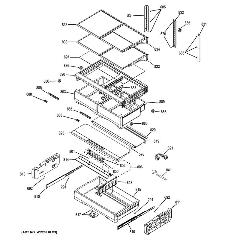 FRESH FOOD SHELVES Diagram and Parts List for PFE29PSDCSS  General Electric Refrigerator