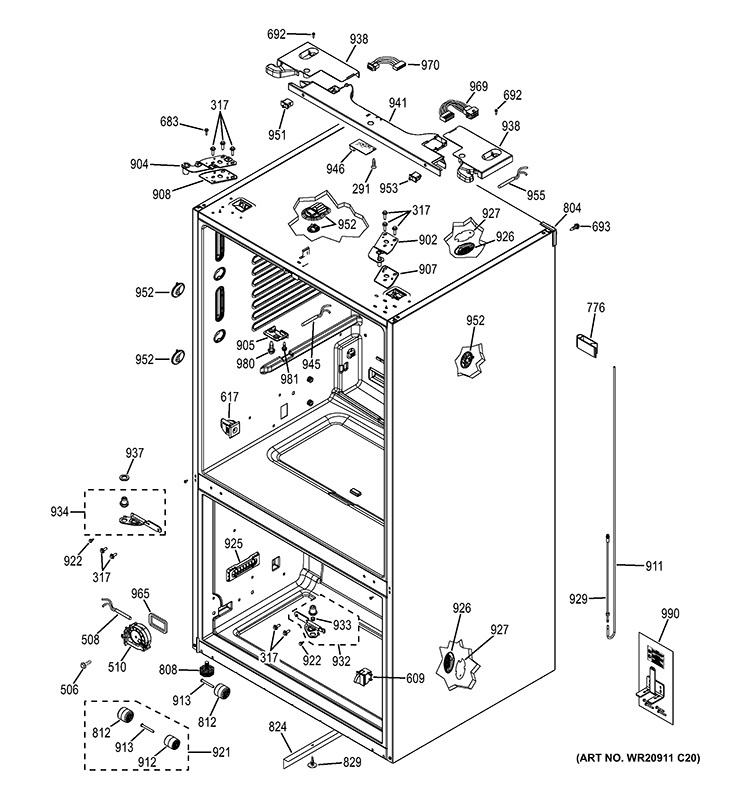 CASE PARTS Diagram and Parts List for PYE23PSDCSS  General Electric Refrigerator