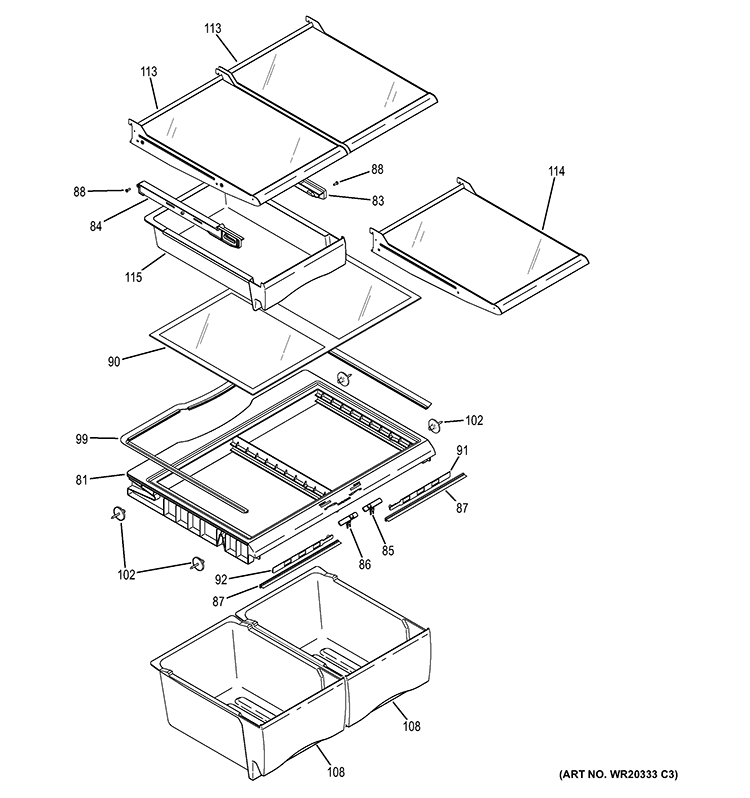 FRESH FOOD SHELVES Diagram and Parts List for GDE23ETEARBB  General Electric Refrigerator