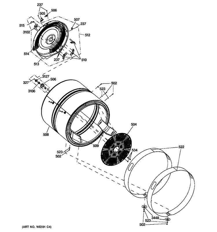 DRUM Diagram and Parts List for GFDS140ED1WW  General Electric Dryer