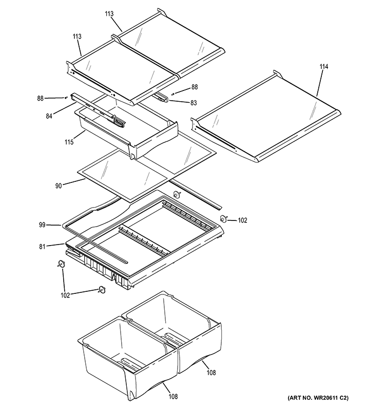 FRESH FOOD SHELVES Diagram and Parts List for GNS22EGEAFWW  General Electric Refrigerator