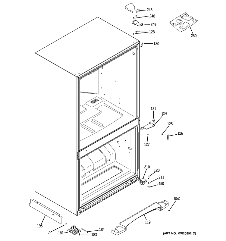 CASE PARTS Diagram and Parts List for GBE20ETEBRWW  General Electric Refrigerator