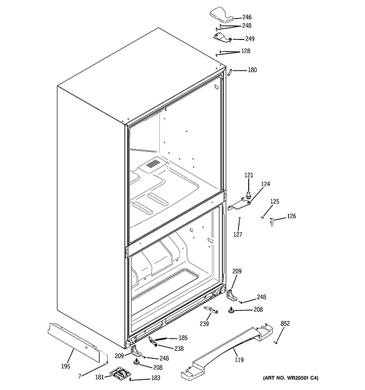CASE PARTS Diagram and Parts List for GDE23ESEARSS  General Electric Refrigerator